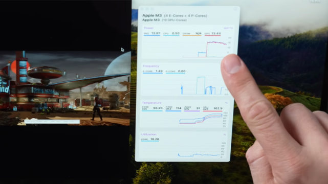 M3 MacBook Air 压力测试出现 114 度的超高温度，有明显的热节流状况