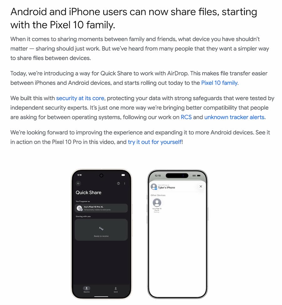 谷歌宣布Android邻近快速分享支持AirDrop跨设备互通